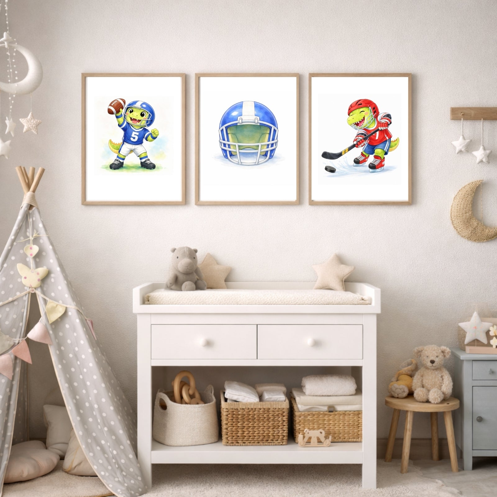 Dinosaur Nursery Wall Art Printable Set of 6, Sports Dino Watercolor Art, Baby Boy Room Decor, Kids Dinosaur Wall Decor, Playroom Printable