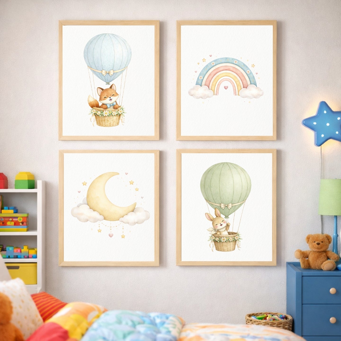 Hot Air Balloon Nursery Prints Set of 6 | Baby Animals Watercolor Wall Art | Rainbow Moon Nursery Decor | Gender Neutral | Kids Room Printable | Digital Download