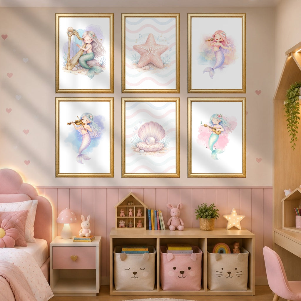 Mermaid Nursery Wall Art Set of 6, Mermaid Printable Wall Art,Girls Room Decor, Ocean Nursery Decor, Digital Download