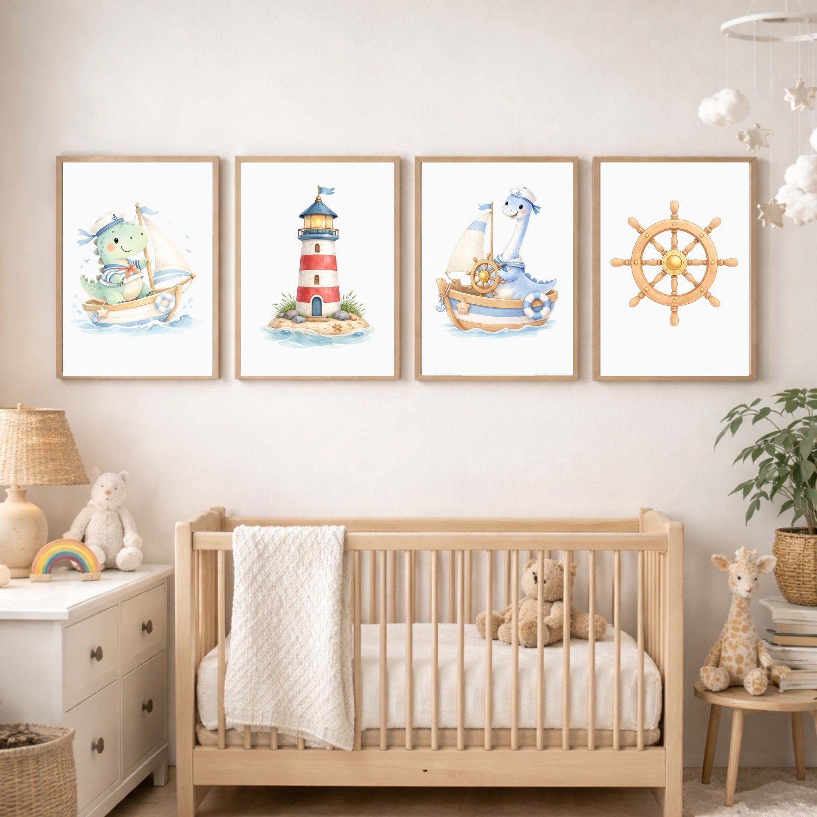 Dinosaur Nautical Wall Art Set of 6 Prints, Printable Kids Room Decor, Sailor Dino Nursery Poster, Baby Boy Bedroom Instant Download