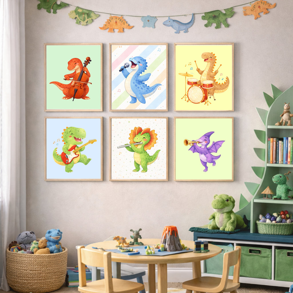 Musical Dinosaur Nursery Wall Art Set of 6 Printable, Dino Boys Room Decor, Baby Dinosaur Digital Print, Rock Star Kids Gift