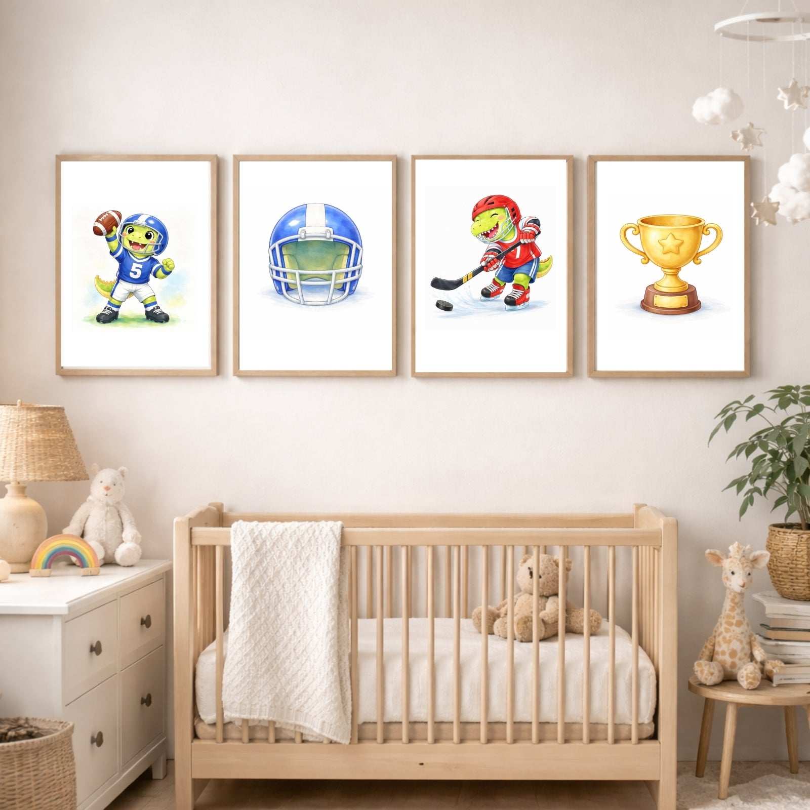 Dinosaur Nursery Wall Art Printable Set of 6, Sports Dino Watercolor Art, Baby Boy Room Decor, Kids Dinosaur Wall Decor, Playroom Printable