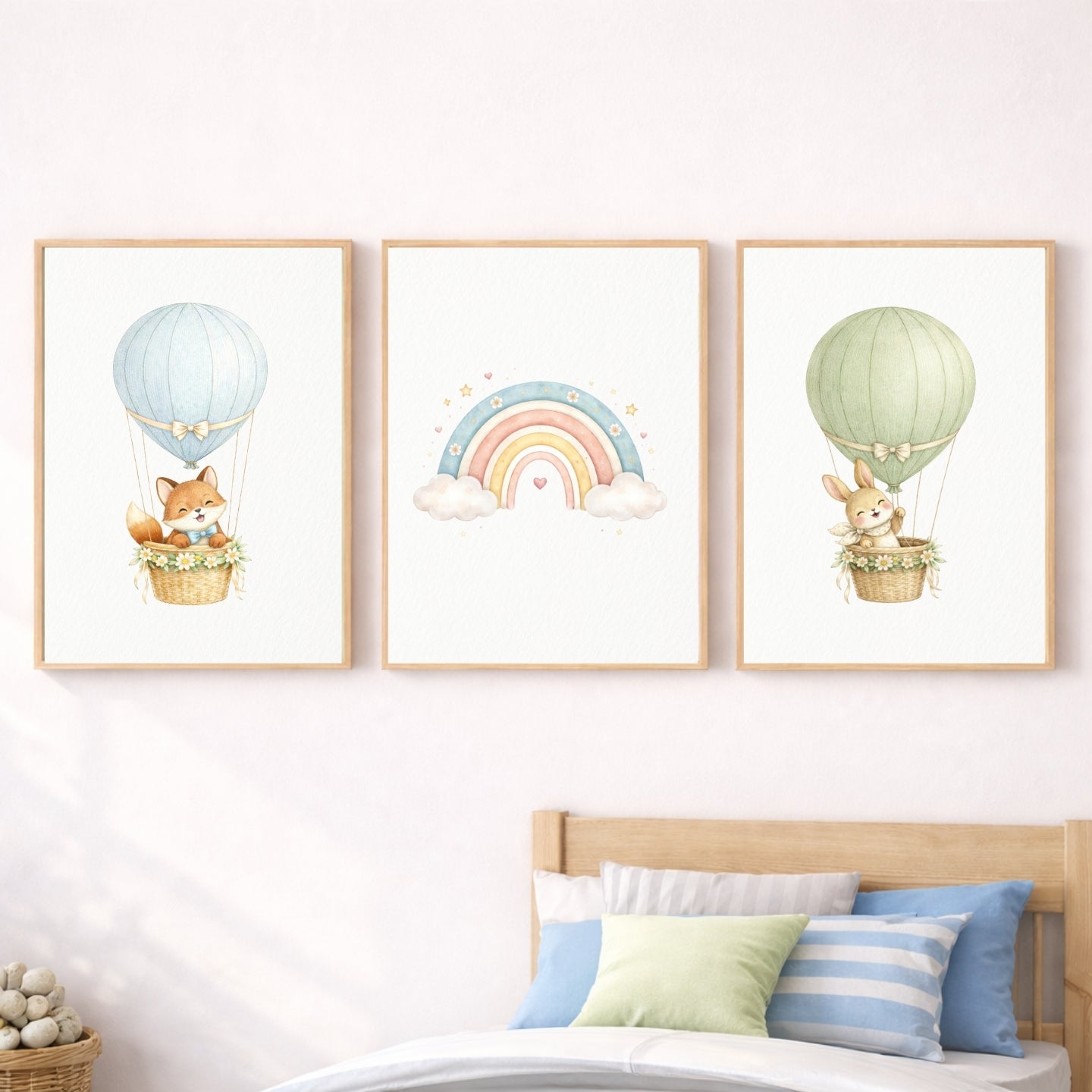 Hot Air Balloon Nursery Prints Set of 6 | Baby Animals Watercolor Wall Art | Rainbow Moon Nursery Decor | Gender Neutral | Kids Room Printable | Digital Download
