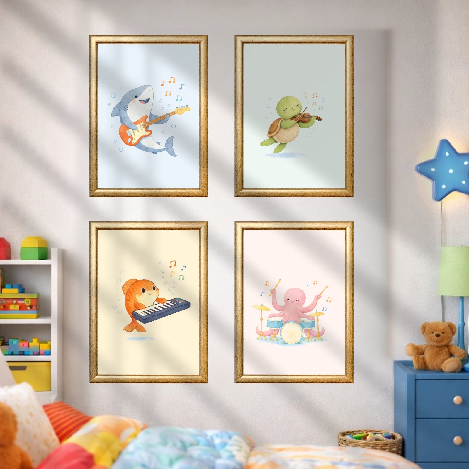 Ocean Animals Nursery Wall Art Set of 6, Printable Music Watercolor Prints, Baby Boy Girl Room Decor, Sea Animals Poster Instant Download