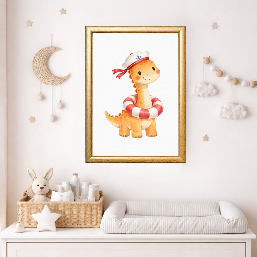Dinosaur Nautical Wall Art Set of 6 Prints, Printable Kids Room Decor, Sailor Dino Nursery Poster, Baby Boy Bedroom Instant Download