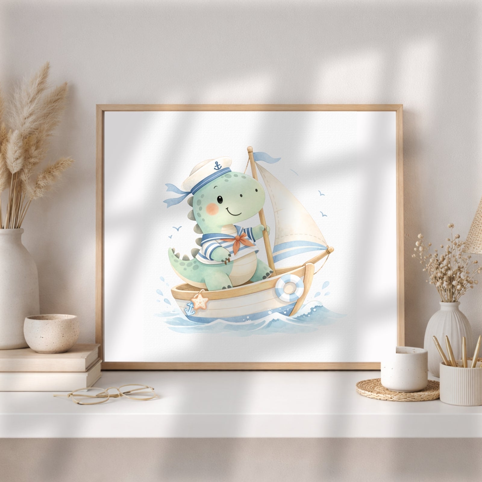Dinosaur Nautical Wall Art Set of 6 Prints, Printable Kids Room Decor, Sailor Dino Nursery Poster, Baby Boy Bedroom Instant Download