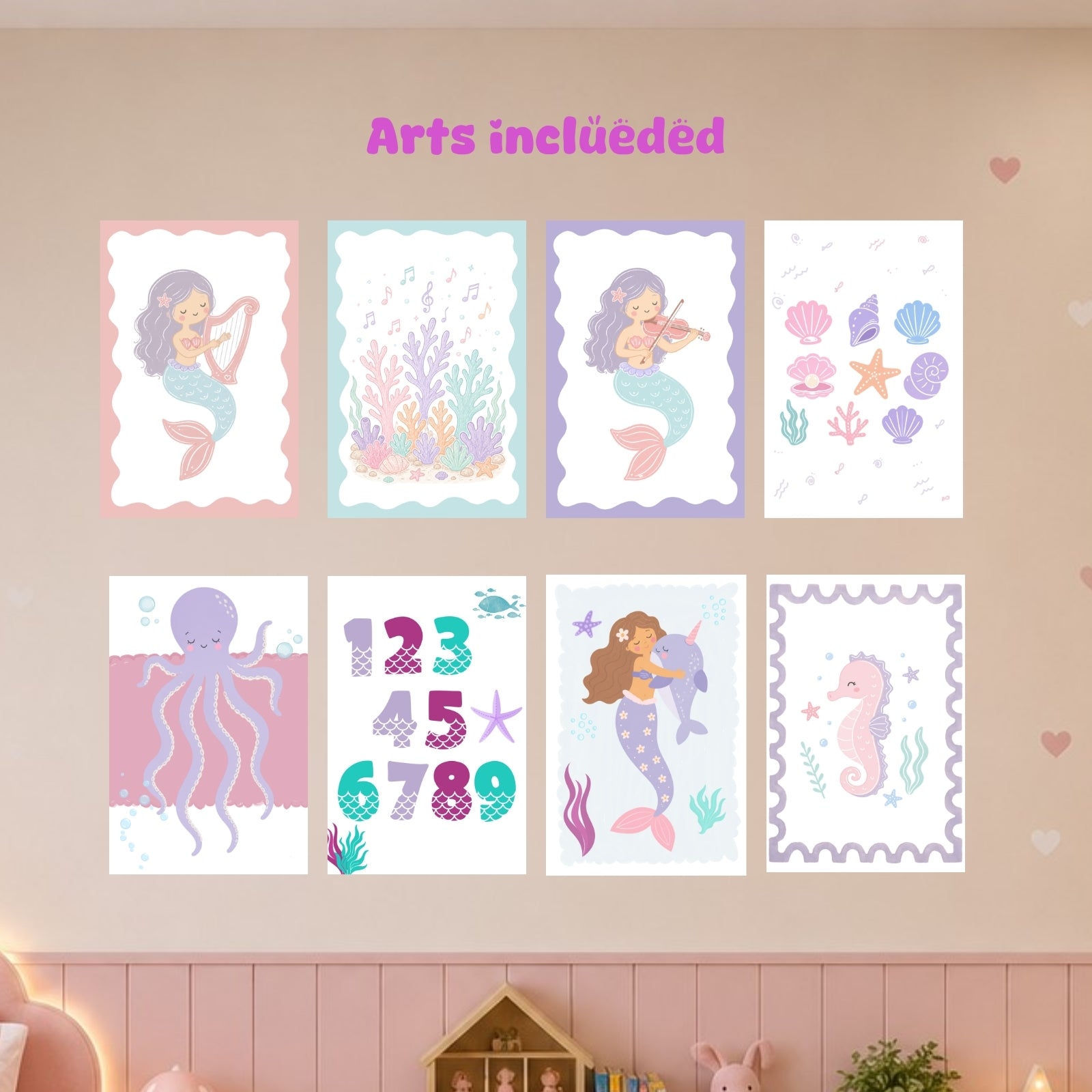 Juego de 30 impresiones de arte de pared de sirenas, decoración de habitación infantil, impresiones para guardería de océano, paquete de pósters del fondo del mar, dormitorio de niña, descarga instantánea