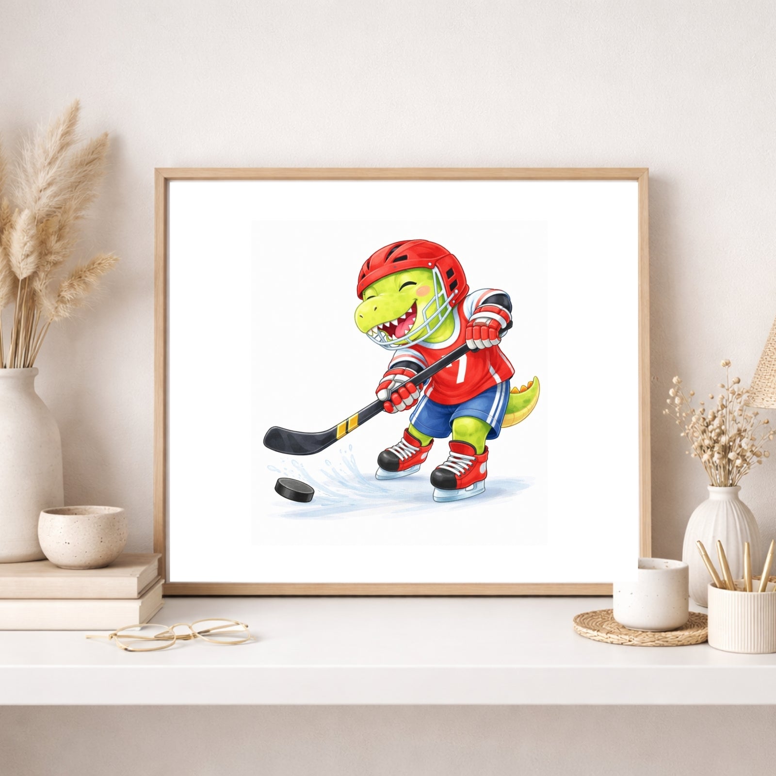 Dinosaur Nursery Wall Art Printable Set of 6, Sports Dino Watercolor Art, Baby Boy Room Decor, Kids Dinosaur Wall Decor, Playroom Printable