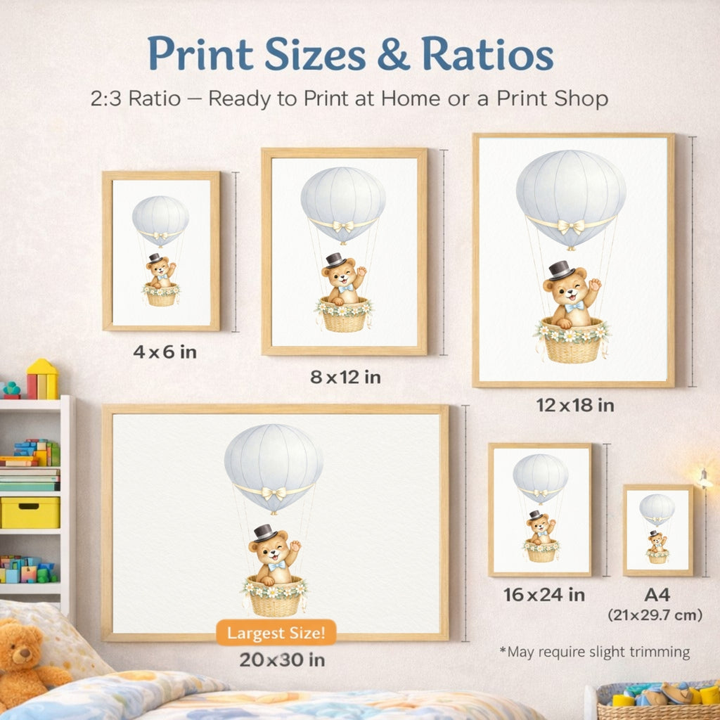 Hot Air Balloon Nursery Prints Set of 6 | Baby Animals Watercolor Wall Art | Rainbow Moon Nursery Decor | Gender Neutral | Kids Room Printable | Digital Download