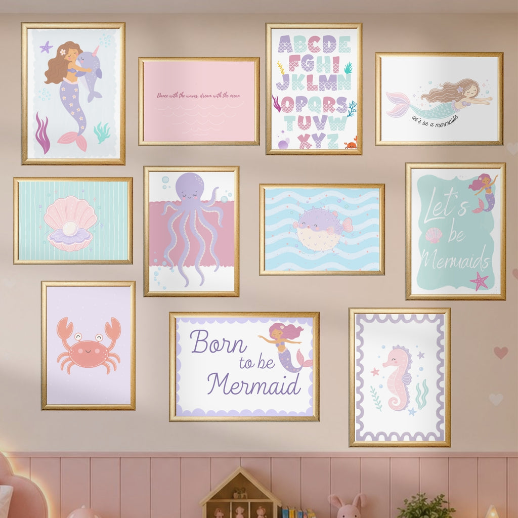 Juego de 30 impresiones de arte de pared de sirenas, decoración de habitación infantil, impresiones para guardería de océano, paquete de pósters del fondo del mar, dormitorio de niña, descarga instantánea