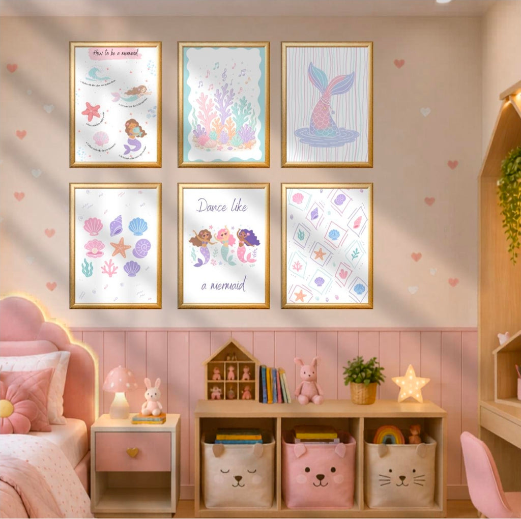 Mermaid Wall Art Printable Set of 6, Girls Room Decor, Mermaid Nursery Print, Kids Bedroom Art, Under the Sea Poster, Instant Download